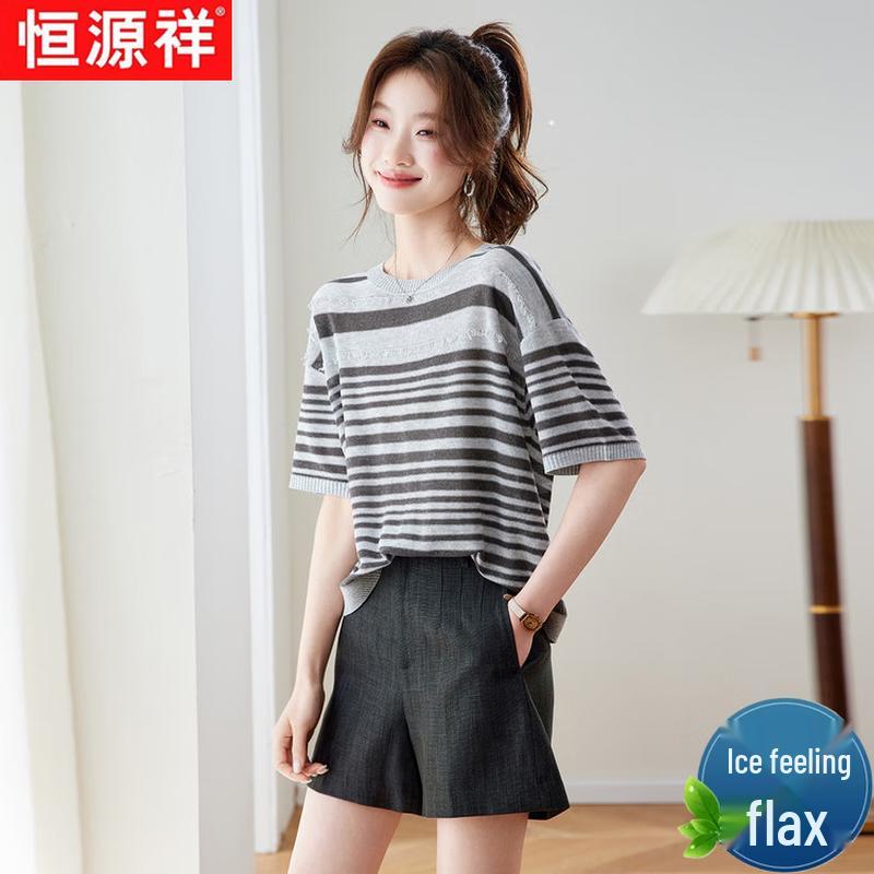 Hengyuanxiang Women's Summer Round Neck Striped Short Sleeve T-Shirt