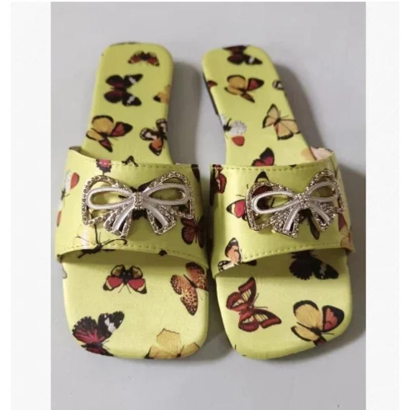 Sandales plates d'été à bout carré pour femmes, nouvelles chaussures à enfiler à bout ouvert avec nœud papillon pour femmes, chaussures de plage décontractées, pantoufles pour femmes