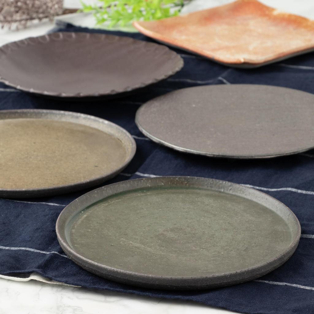 Marui Pottery Shigaraki Ware Hechimon Diameter Carbonized Glass Green Plate, approx. 21cm, MR-3-4100