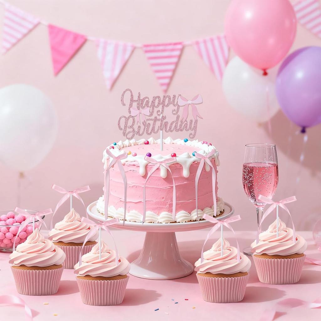 Pink Bow Cake Toppers, Happy Birthday Sign with 12 Pcs Bow Cake Decorations for Pink Ribbion Birthday Decorations Baby Shower Wedding Party Supplies