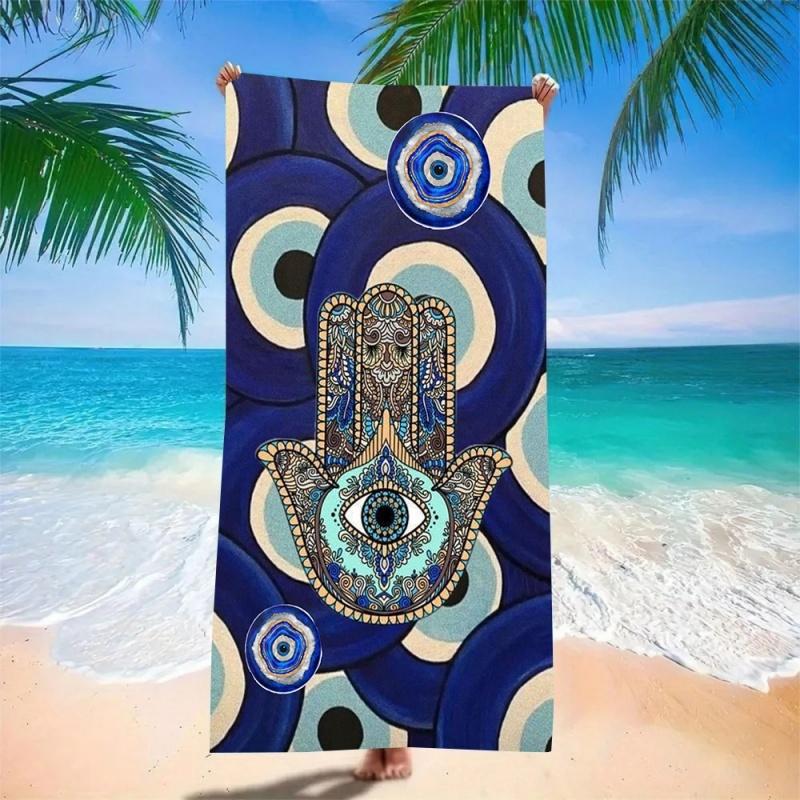 Blaues Hamsa-Hand & Böser Blick Strandtuch Super Saugfähig Schnelltrocknend Mikrofaser Boho Spirituelles Muster Decke für Picknick & Outdoor
