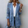 Veste en jean vintage avec inserts en dentelle florale ajourée pour femme, revers cranté, un bouton, manches longues, transparente, blazer décontracté