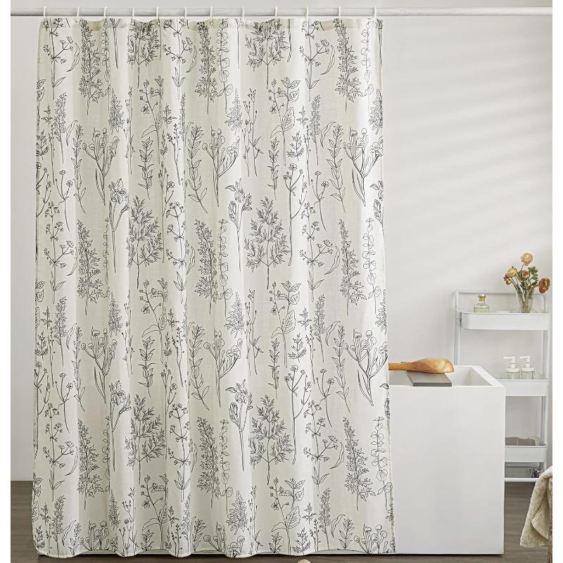 

Green Botanical Linen Shower Curtain Extra Long 84 Inches Long, Spring Summer Boho Plants Leaves Textured Fabric Bathroom 72 W x 84 L