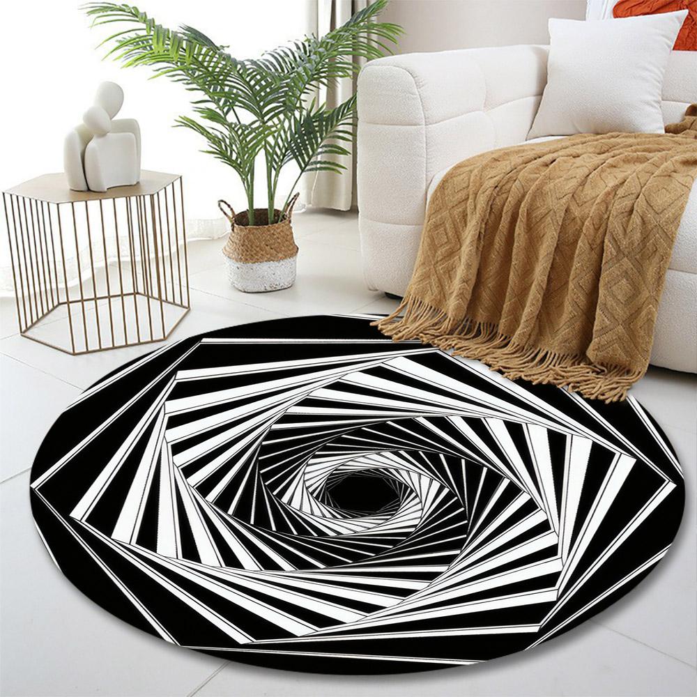Black and White Geometric Spiral Print round rug, living room, bedroom, playroom carpet, non slip floor mat, gift