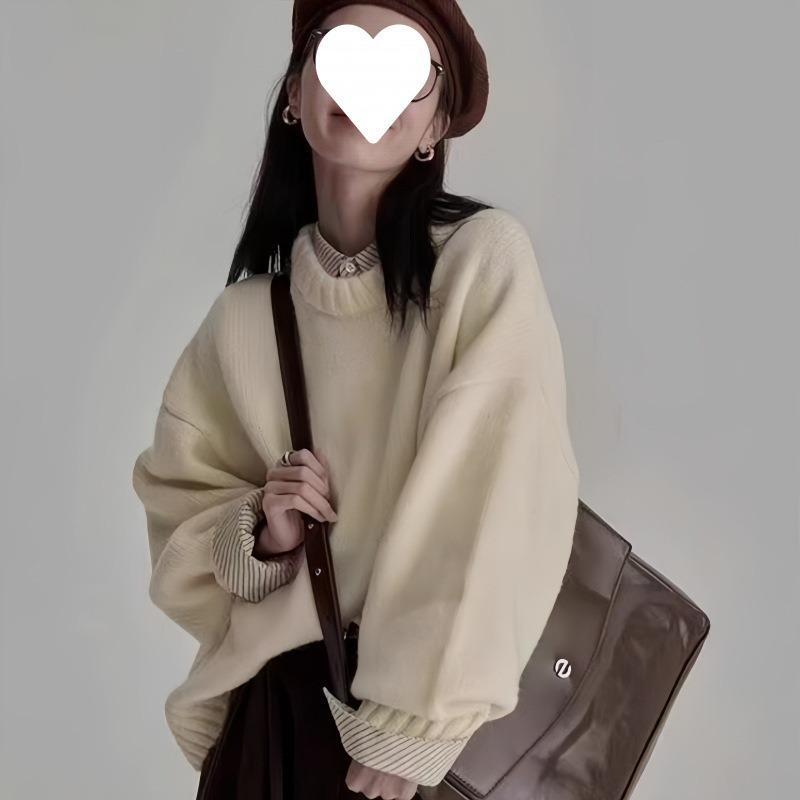 Lazy Style Retro Round Neck Pullover Loose Solid Color Outside Inside Bottom Thick Sweater Women