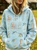 Women Fleece Hoodie Vintage Watercolor Cartoon Animal All Over Print, Creature Cute Graphic Hooded Sweatshirt