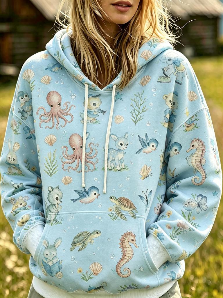 Women Fleece Hoodie Vintage Watercolor Cartoon Animal All Over Print, Creature Cute Graphic Hooded Sweatshirt