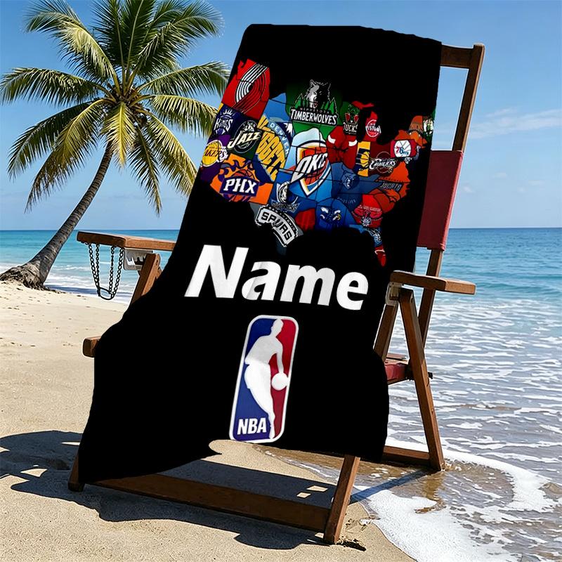 Custom Name Personalized NBA Print Beach Towel, for Trip Camping Beach Party Home Decor, Birthday Gift for Family & Friends