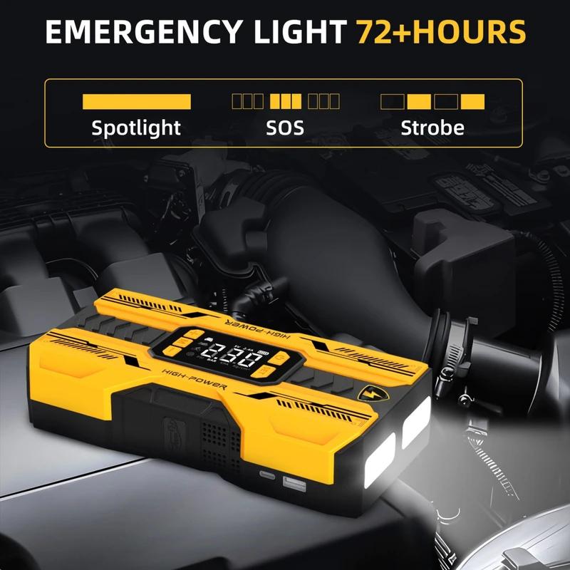 4-in-1 Car Jump Starter Power Bank with Air Compressor, 12V Portable Battery Booster for Auto Motorcycle LED Light & USB
