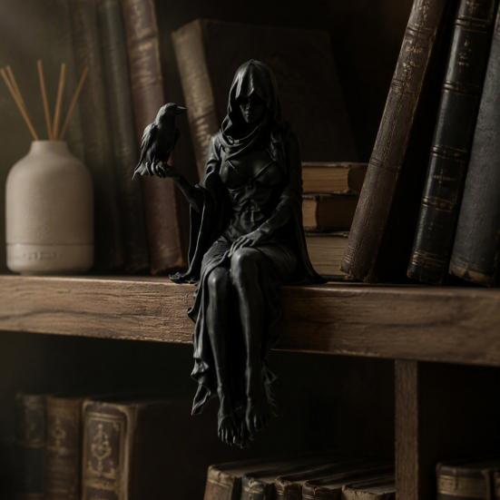Macabre Desktop Ornament Gothic Raven Shelf Sitter Statue, Hooded Lady Reaper Figurine, 3D Printed Dark Small Resin Statue Bookshelf Edge Sitter,