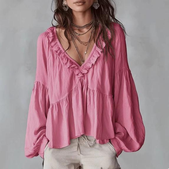 Women S Sweet Ruffled V Neck Puff Sleeve Loose Blouse For Spring Summer