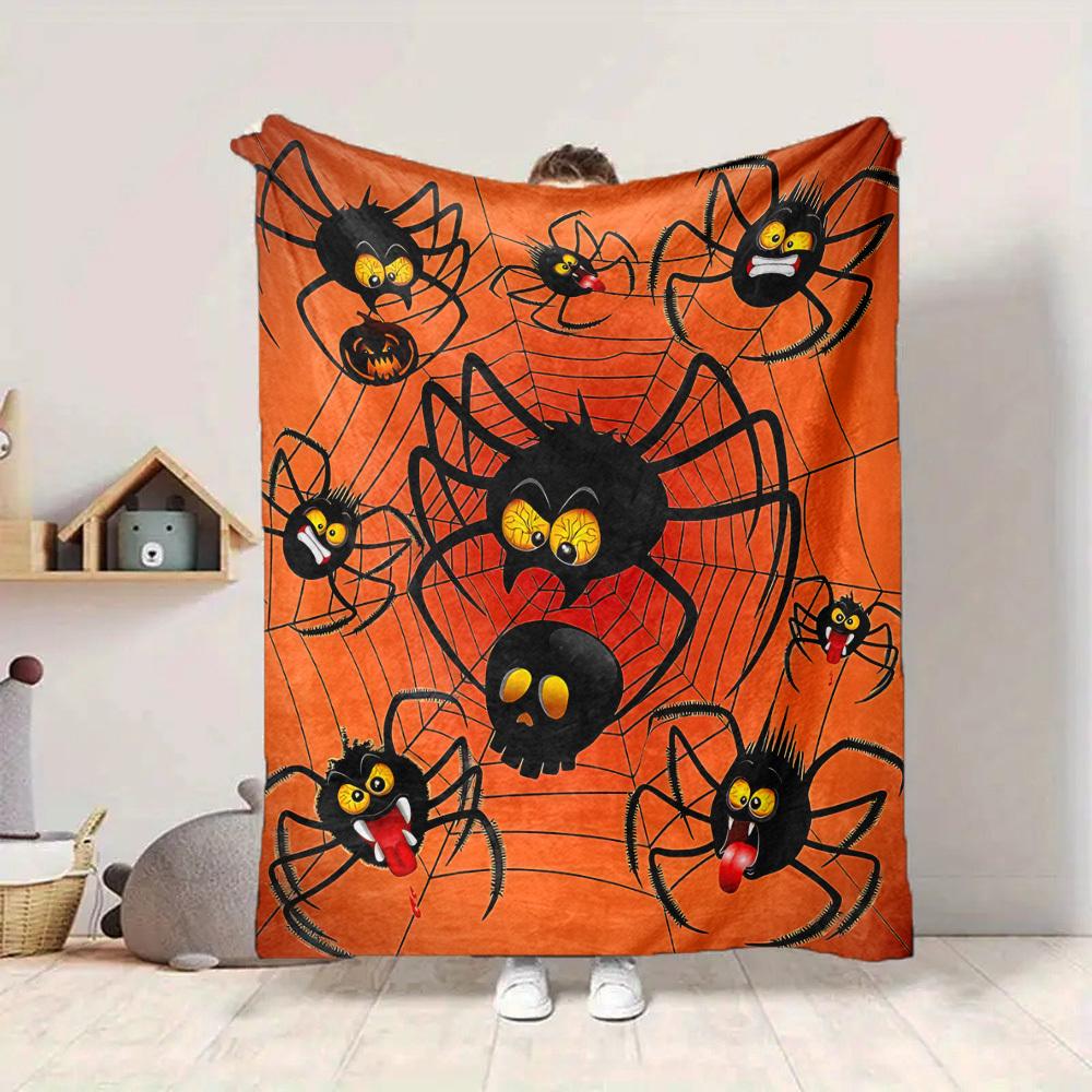 1pc Halloween Spiders Flannel Throw Blanket HD Printed Lightweight Soft Warm All Season Blanket for Sofa, Bed, Travel, Camping Machine Washable