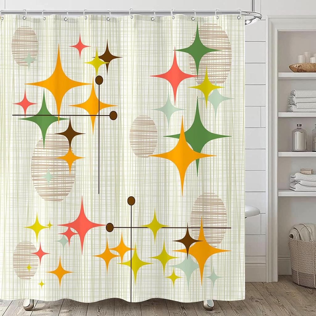Mid Century Modern Shower Curtain Retro Stars Abstract Boho Art 72x72 Inch, Waterproof Vintage Bathroom Decor with Hooks,Yellow