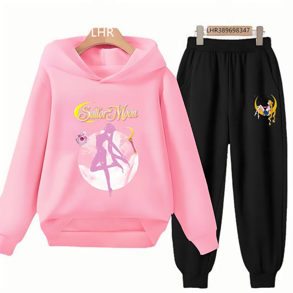 Autumn Hoodie Sailor Moon Print Kids Girl Pink 3-12 Years Sweatshirt+Trousers Sports Pullover Coat Leisure Fashion Anime Set