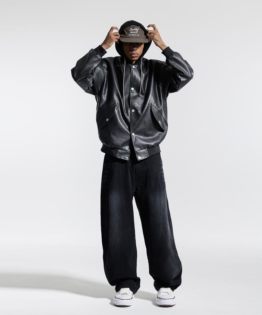 CREAM SODA LAB Half-Band Vintage Front Wash Wide Balloon Denim Pants Black