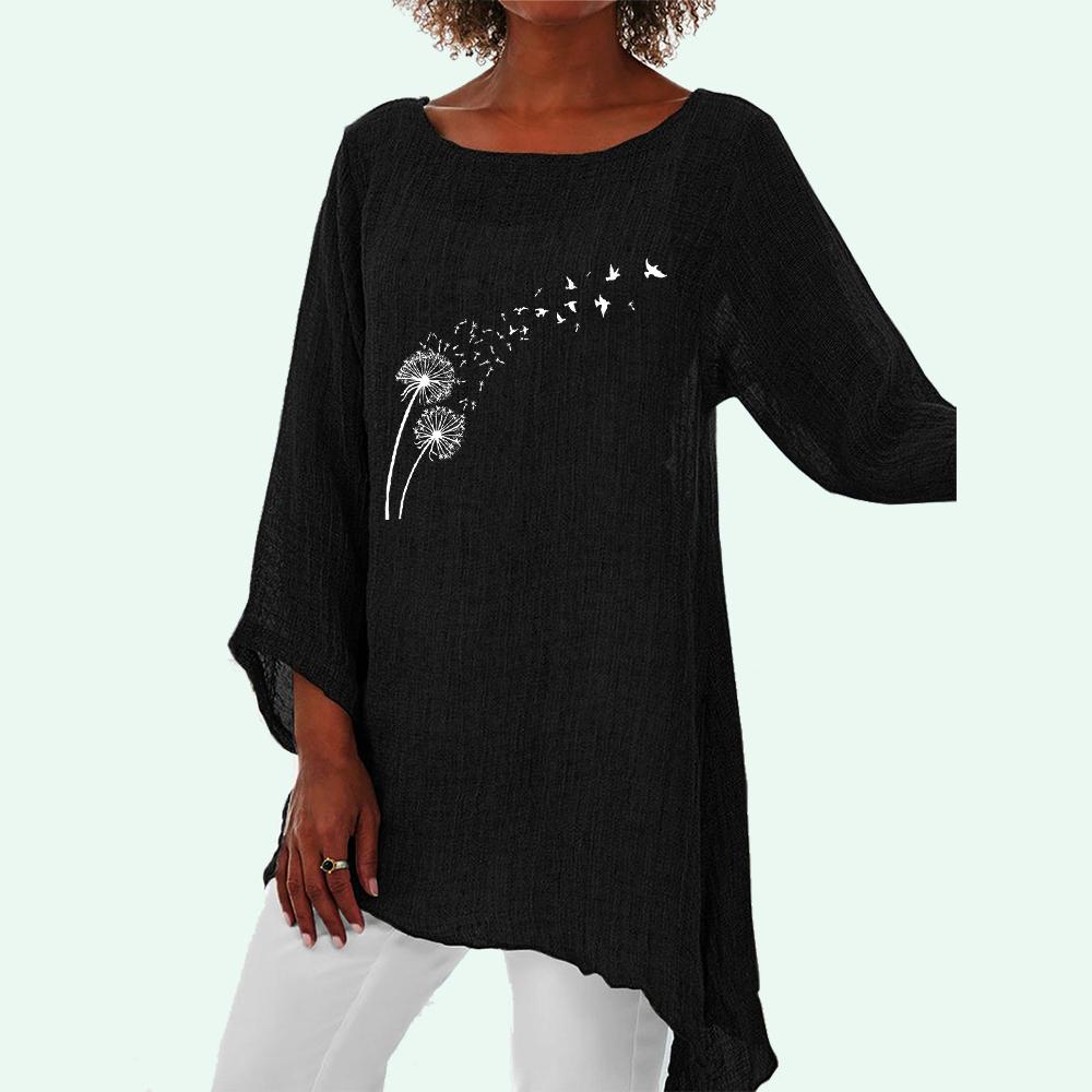 Women Fashion Print 3/4 Long Sleeve Thin Top Fashion Loose Shirt Female Round Neck Linen Shirt