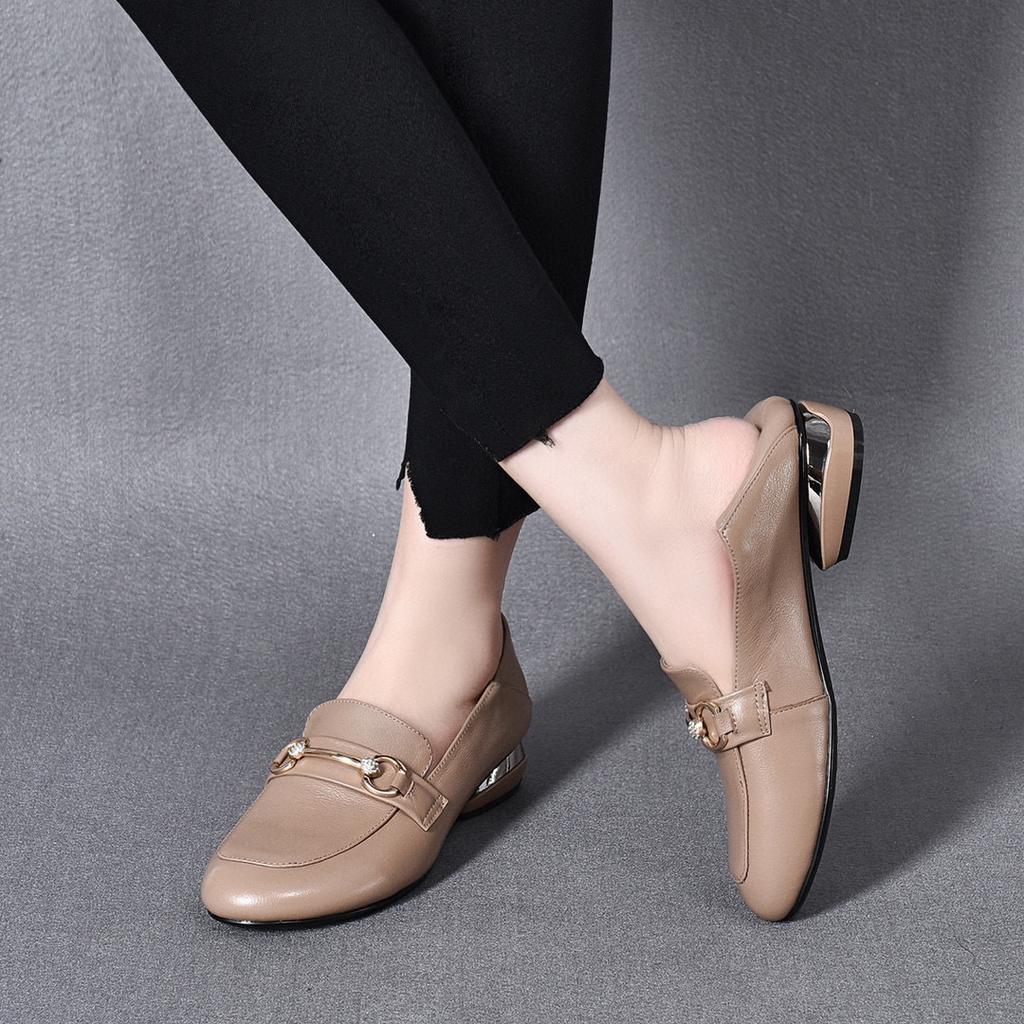 Flat-soled single shoes women's shoes spring new first-layer cowhide round head low-heeled feet two wear casual shoes