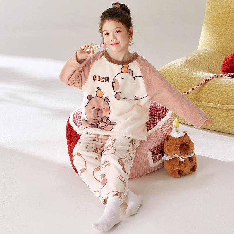 Kids Flannel Pajamas Set Boys Girls Warm Long Sleeve Top And Pants Sleepwear Winter Home Nightwear