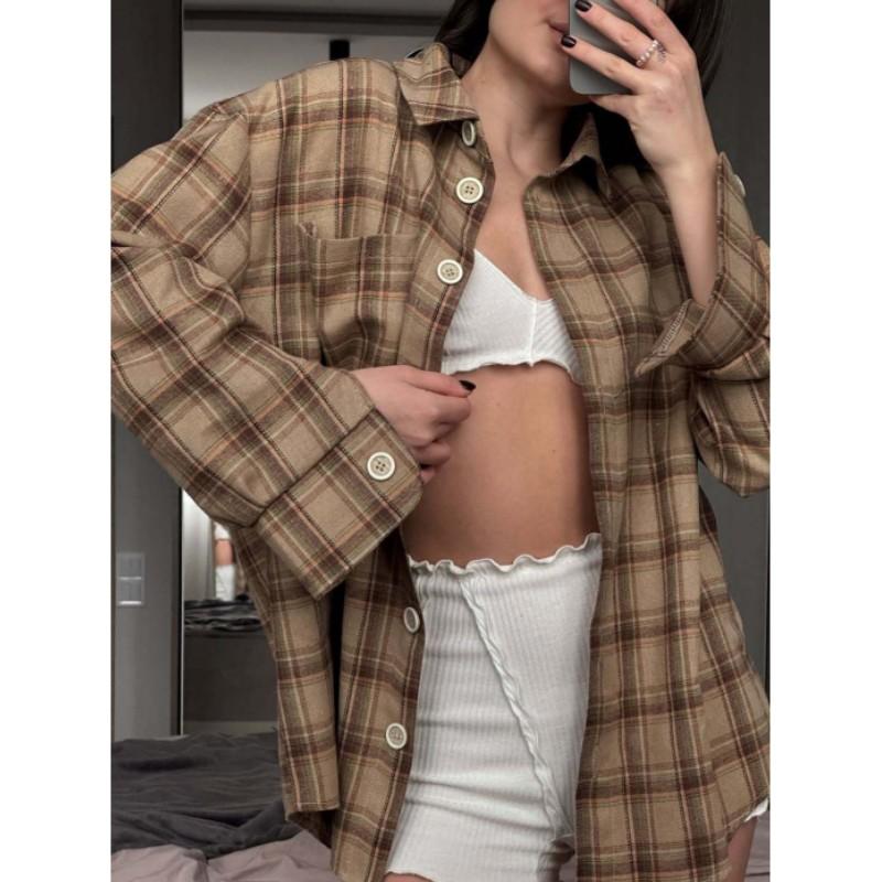 

Women s Spring/Fall Oversized Checkered Long-Sleeve Shirt with Vintage Collar Jacket XXL жовтий