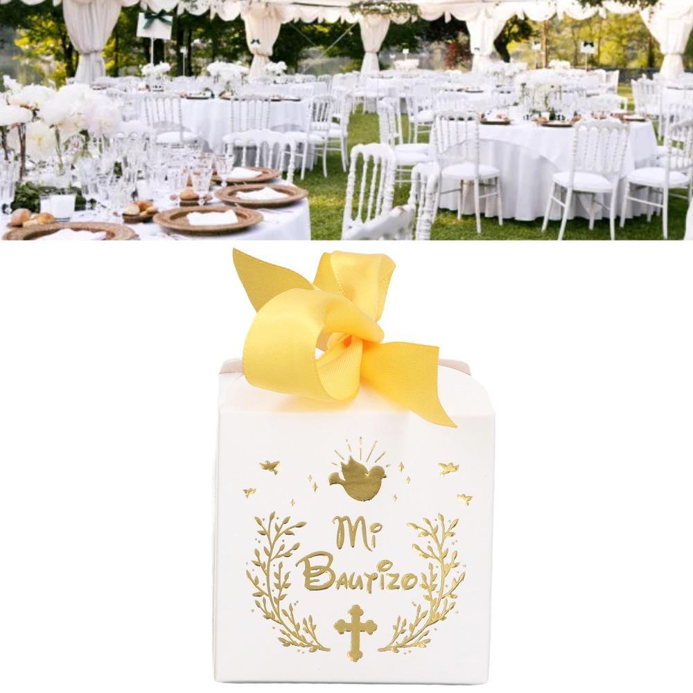 50pcs Gold Ribbon Wedding Favor Boxes Paper Material Candy Boxes Baptism Decorations  Party