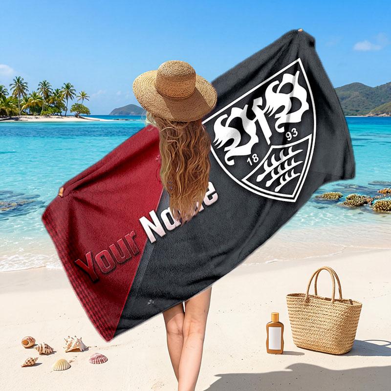 Asciugamano da Spiaggia Personalizzato VfB Stuttgart FC, Stampa Testo Nome Personalizzato, Asciugamano Morbido Asciugatura Rapida con Logo Calcio, Regalo per le Vacanze
