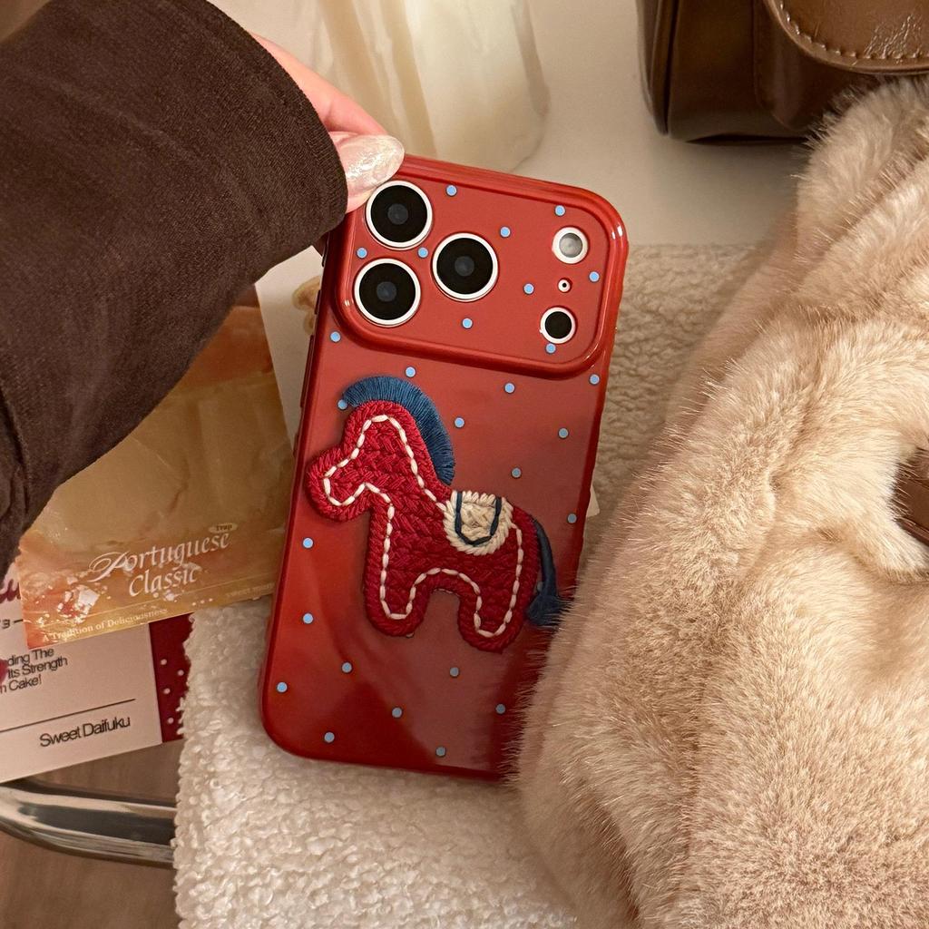 Wine Red Polka Dot Embroidered Horse Phone Case for iPhone 17 Pro Max, iPhone 16, and iPhone 13 with Drop Protection