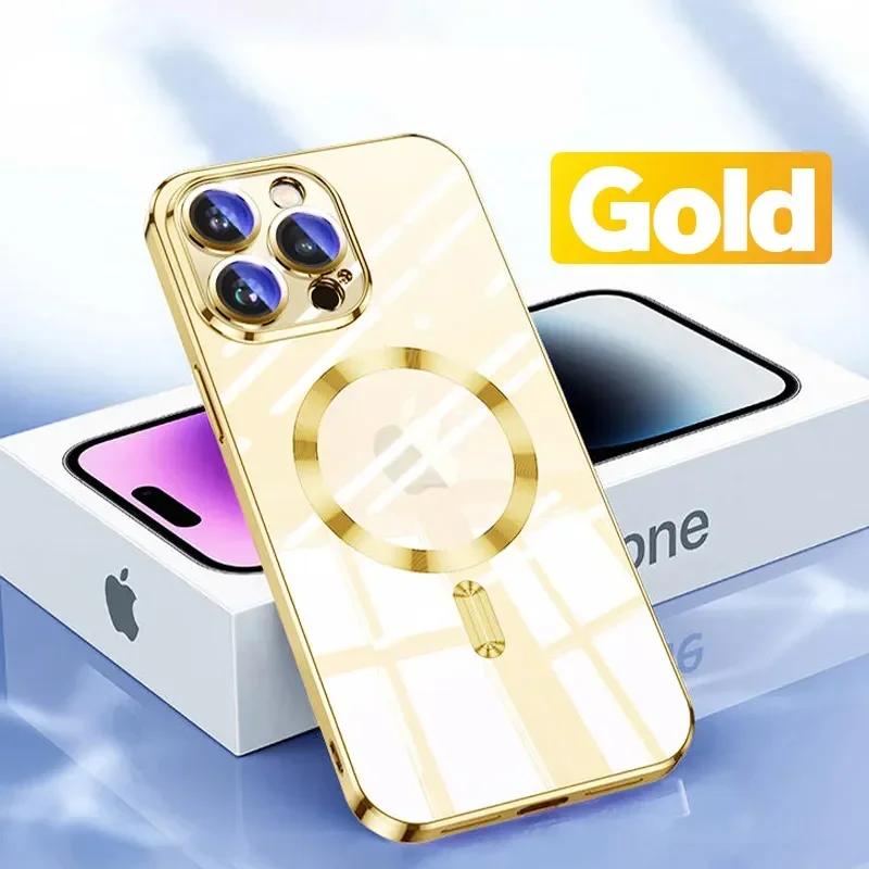Luxury Wireless Charge Magsafe Phone Case For iPhone 15 14 13 12 11 Pro Max Plus Transparent Magnetic Electroplate Bumper Cover