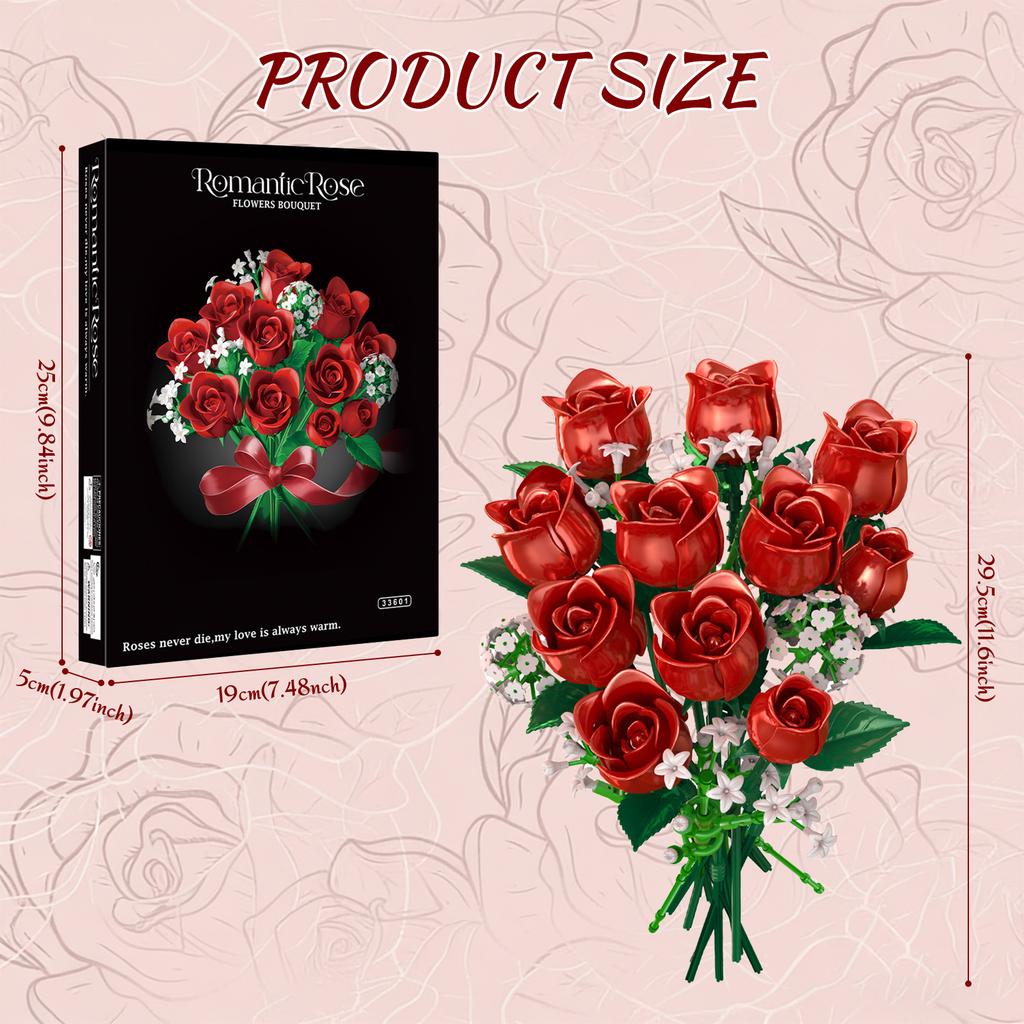 Red Rose Flower Bouquet Building Set Romantic Artificial Rose Brick Set Romantic Red Floral Decor For Mother'S Day  Valentine