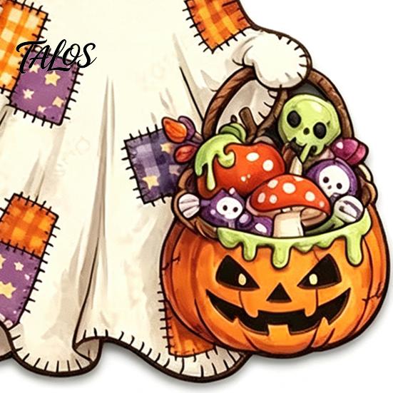 Indoor Entrance Hanger Halloween Cute Bow Ghost Door Sign, Wooden Patchwork Hanging Plaque with Pumpkin Candy Basket, Outdoor Porch Decor Retro