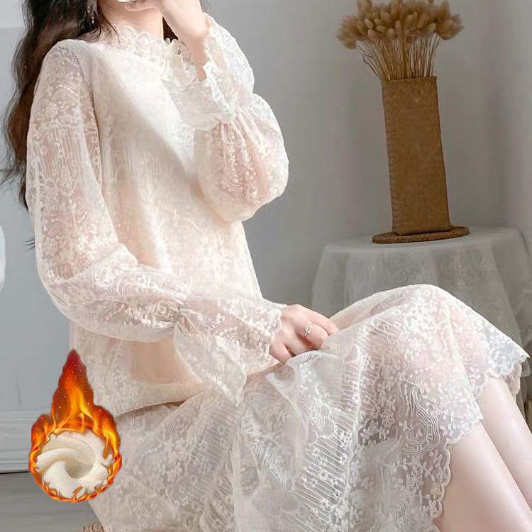 Elegantes Spitzen-Drape-Kleid mit Samtfutter für Herbst/Winter