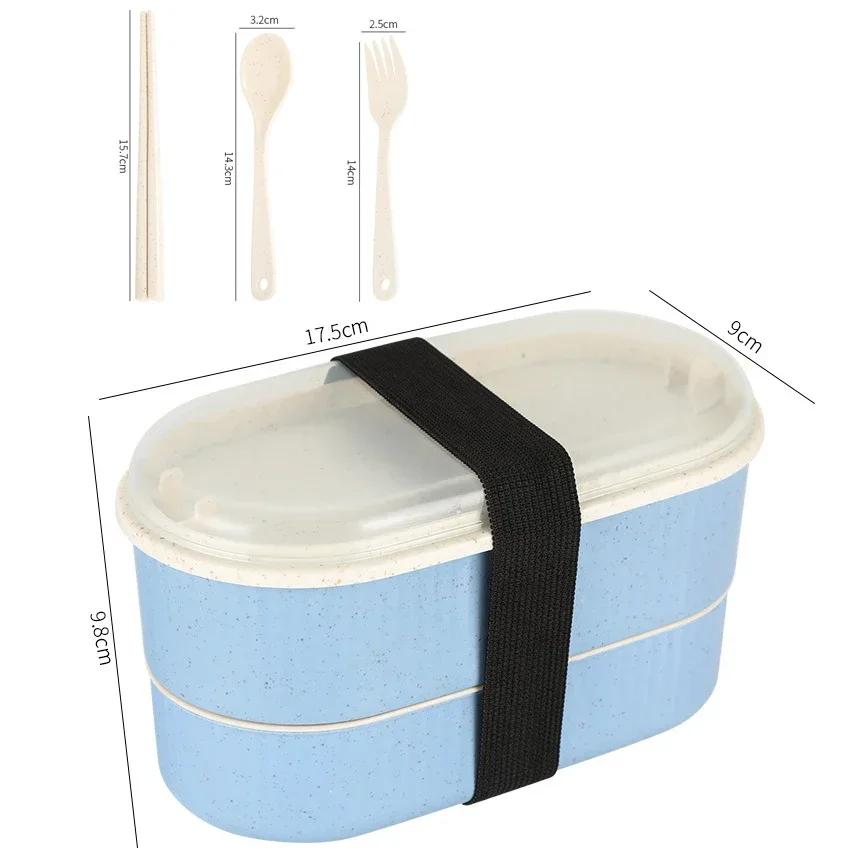 Cutie de prânz portabilă cu dublu strat, cu furculiță și lingură pentru microunde, cutii Bento, set de tacâmuri, recipient pentru depozitarea alimentelor