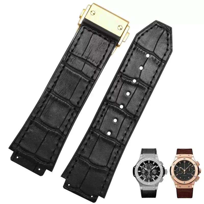 26X19mm Real Cow Leather Rubber Watchband for HUBLOT Classic Fusion Universe Big Bang Series Men belt Watch band butterfly Buckl
