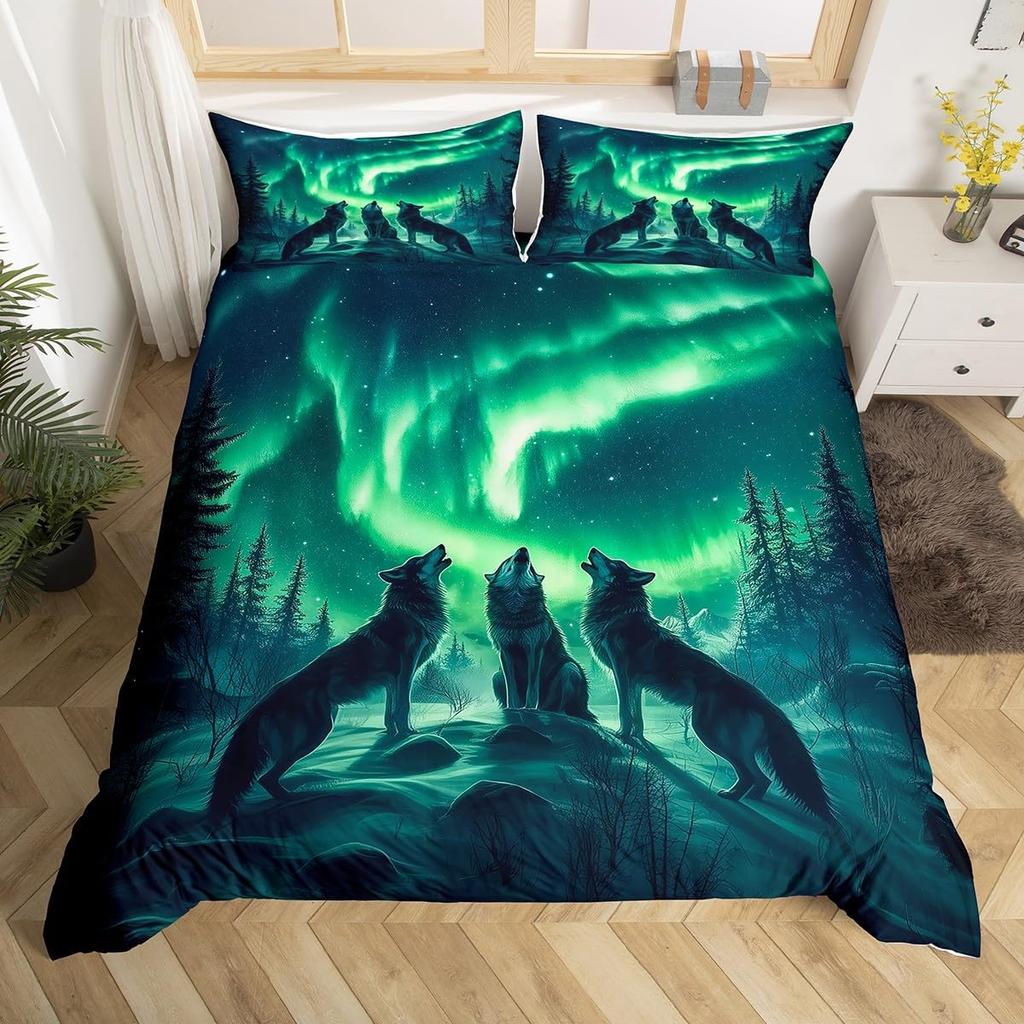 Comforter Wolf Twin King Size Roaring Wolves Wildlife Bedding Set Aurora Animals Galaxy Print Comforter For Kids Boys