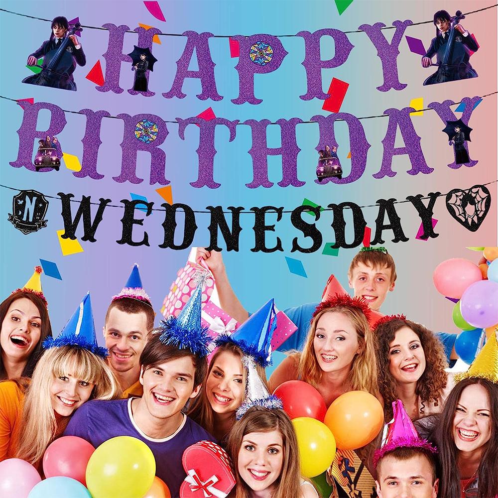 15pcs Wednesday Addams Party Supplies Including Banners and CakeToppers