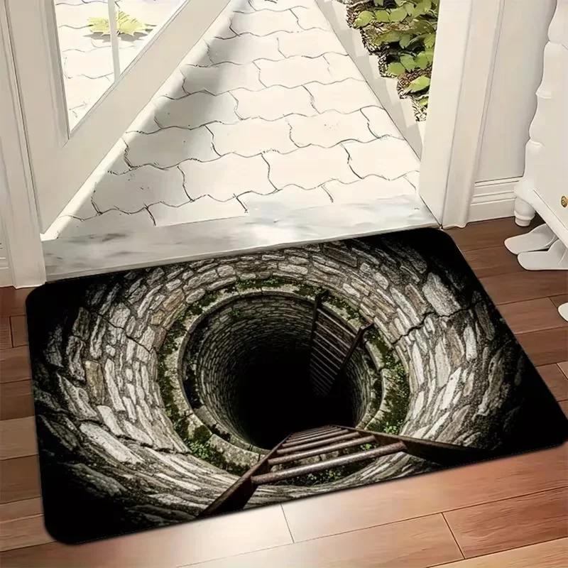 3D Manhole Cover Mat Visual Illusion Deep Hole Rug Non Slip Funny Bathroom Floor Mat Entrance Door Mat Home Decor