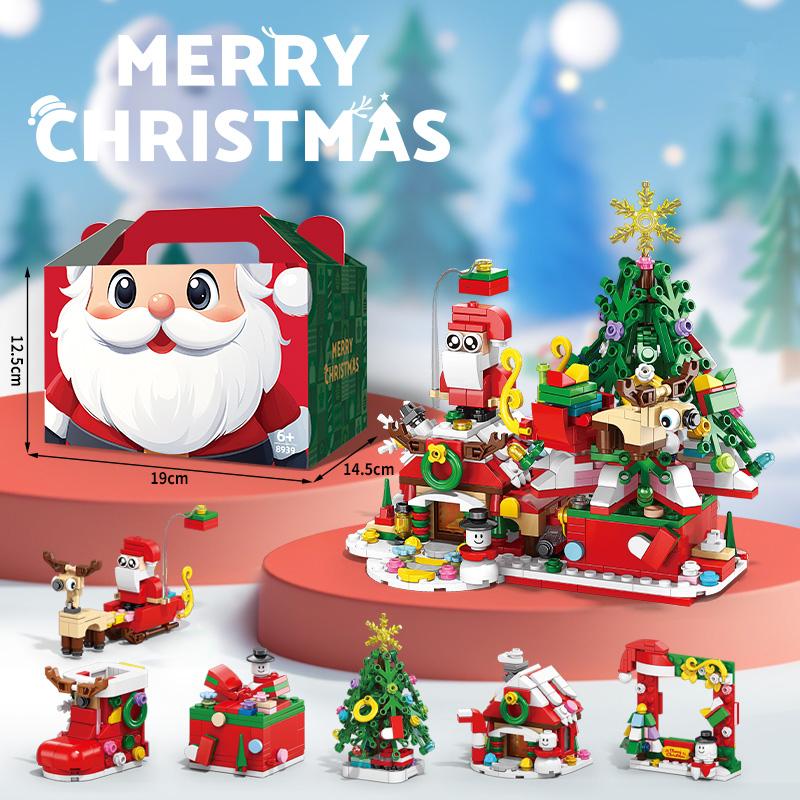 DIY 8in1 Lights Christmas Elk Deer Santa Claus Train Architecture Store Street View Xmas Tree Snow House Building Block Kit Toy