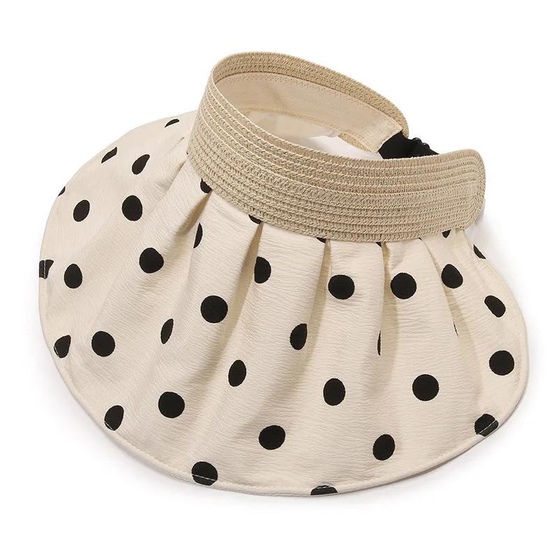 Summer Breathable Empty Top Hats For Women Vintage Polka Dots Adjustable Wide Brim Sun Hat Girls Outdoor Portable Foldable Caps