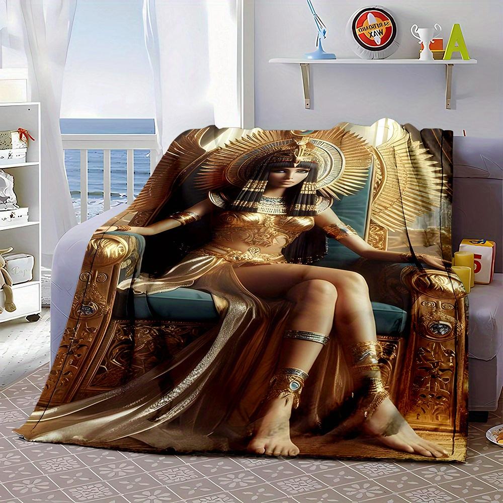 Egyptian Queen Print Flannel Throw Blanket Reversible Easy Care Home Office Travel Gift