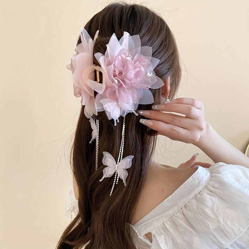 1PC Sweet Fresh Fashion Acrylic Flower Mesh Butterfly Fringed Hair Grab