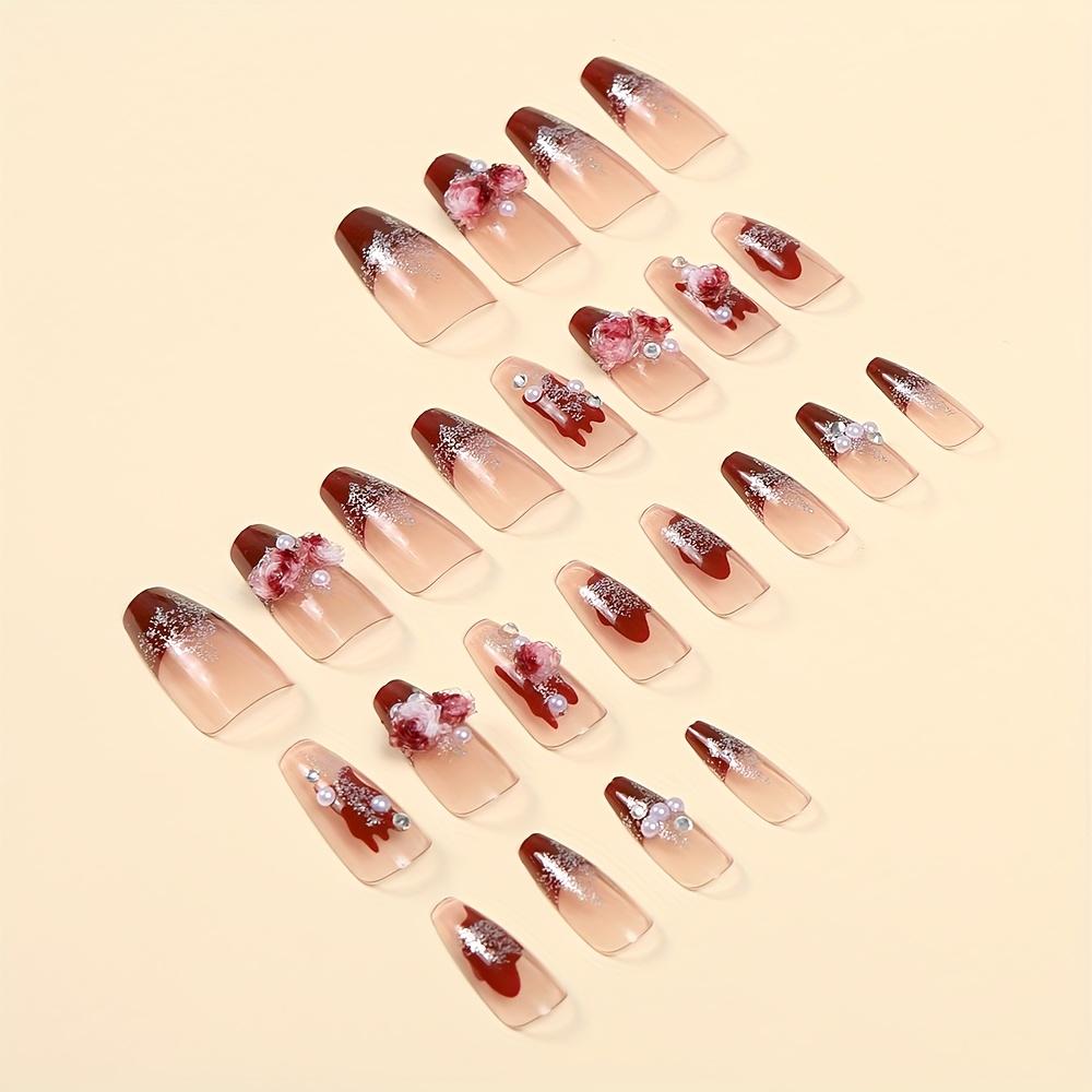 1Set Ballet Gradient Rose False Nails Medium Length, Glossy Finish with Floral and Rhinestone Accents