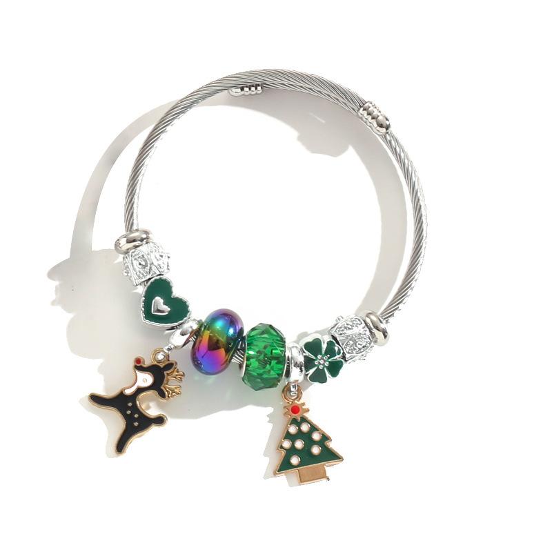 Christmas Themed Stainless Steel Bracelet For Girls With Snowflake Reindeer Crystal Beads And Tree Charm Gift
