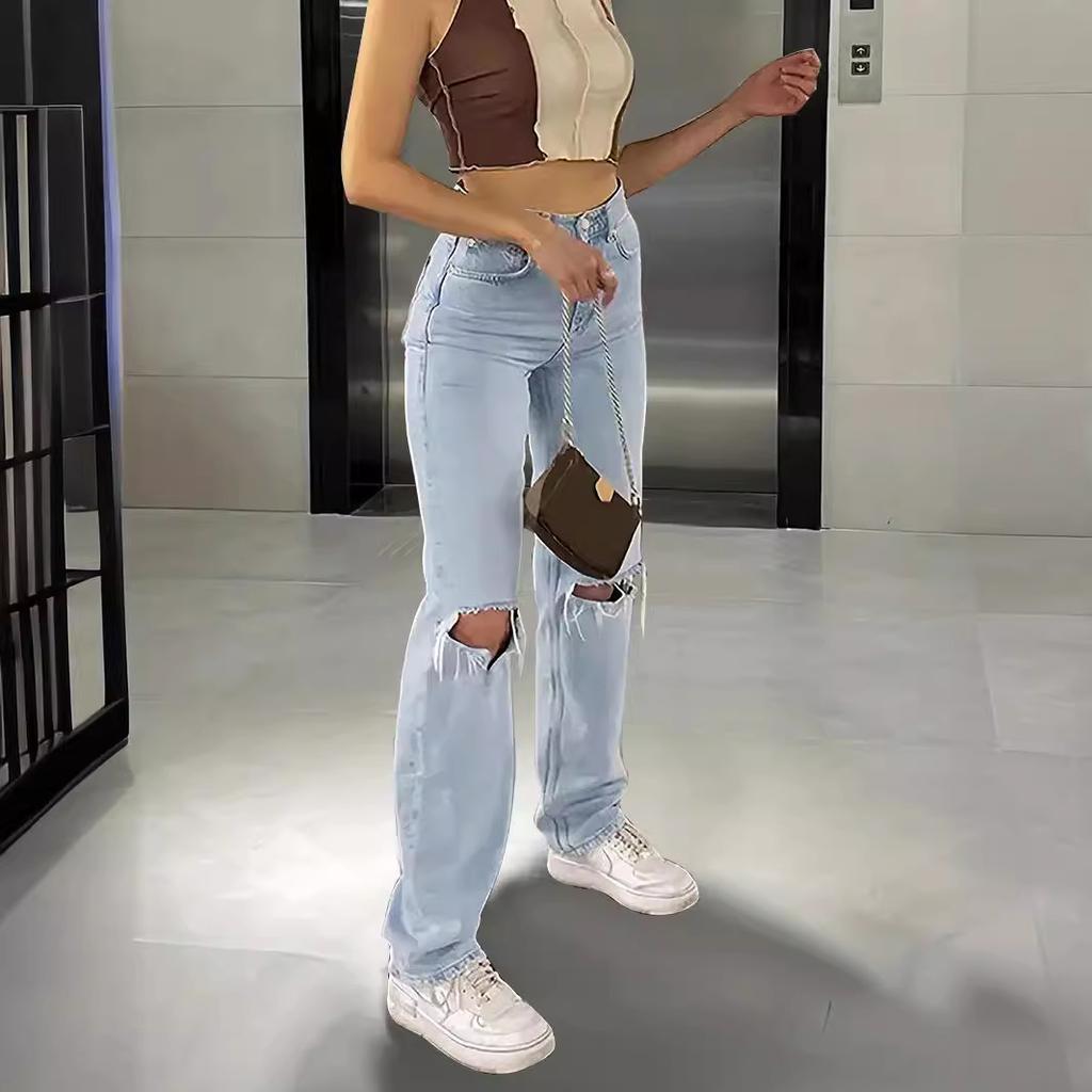 Blugi de damă cu talie înaltă, comozi, largi, cu picioare largi, pantaloni casual de damă, rupti subțiri