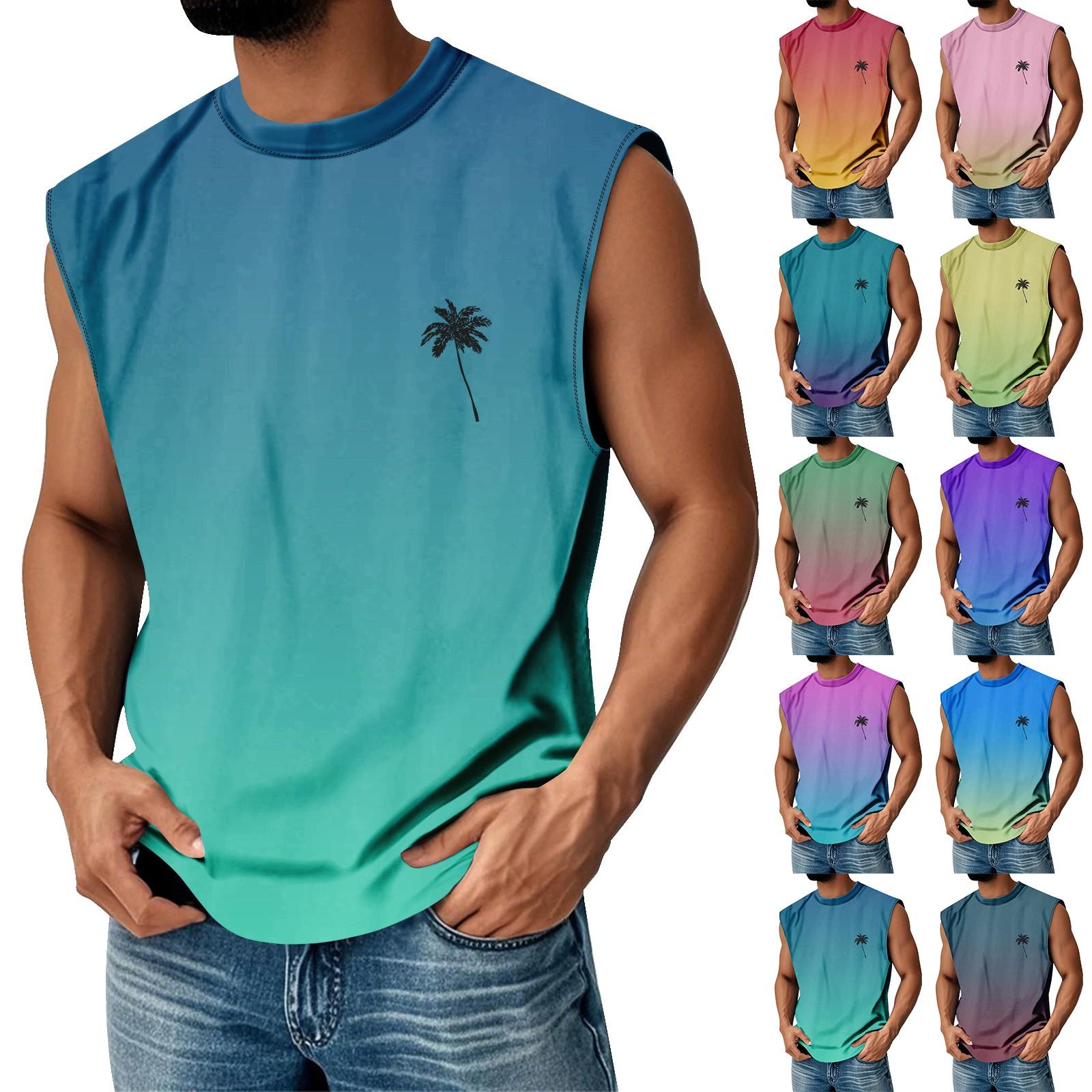 

Мужская летняя майка без рукавов с принтом, круглым вырезом и градиентом, спортивная, в стиле кэжуал L циан