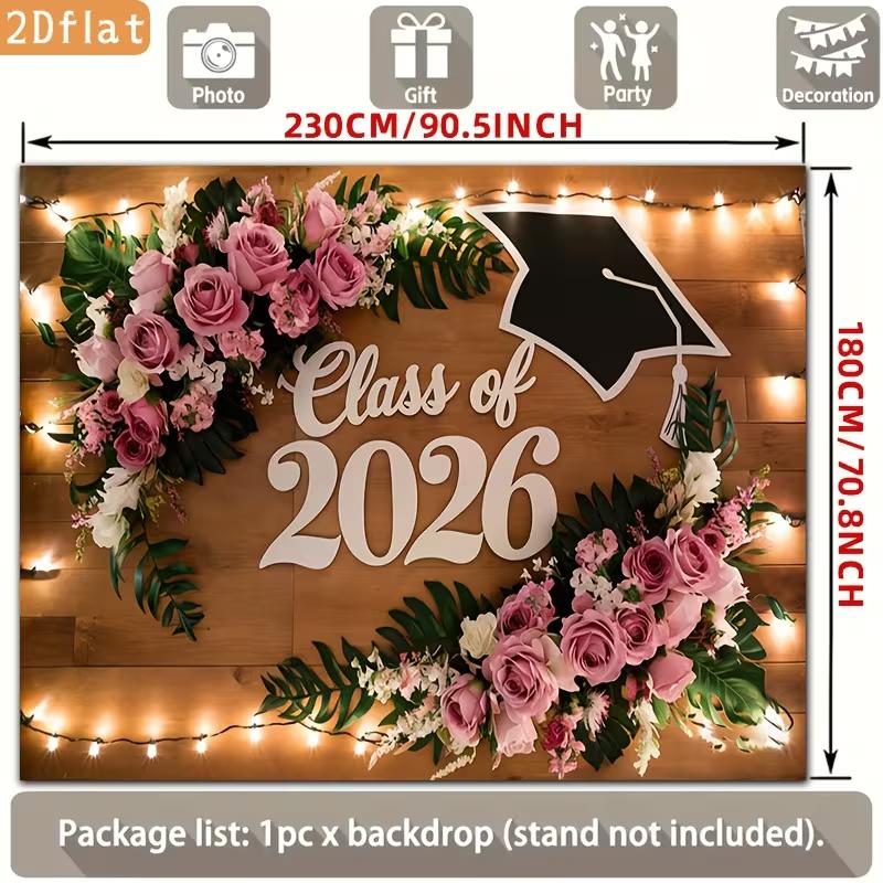 

2D Flat Printing Graduation Backdrop, Class of 2026 Floral Wood Background 47.2x31.5inch/120*80cm