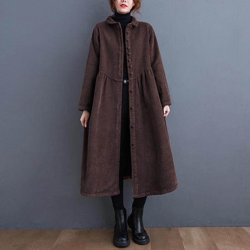 In Stock: Women's Korean Style Plus Velvet Corduroy Trench Coat - Thickened, Long Sleeve, Single-Breasted, 2025 Winter Edition.