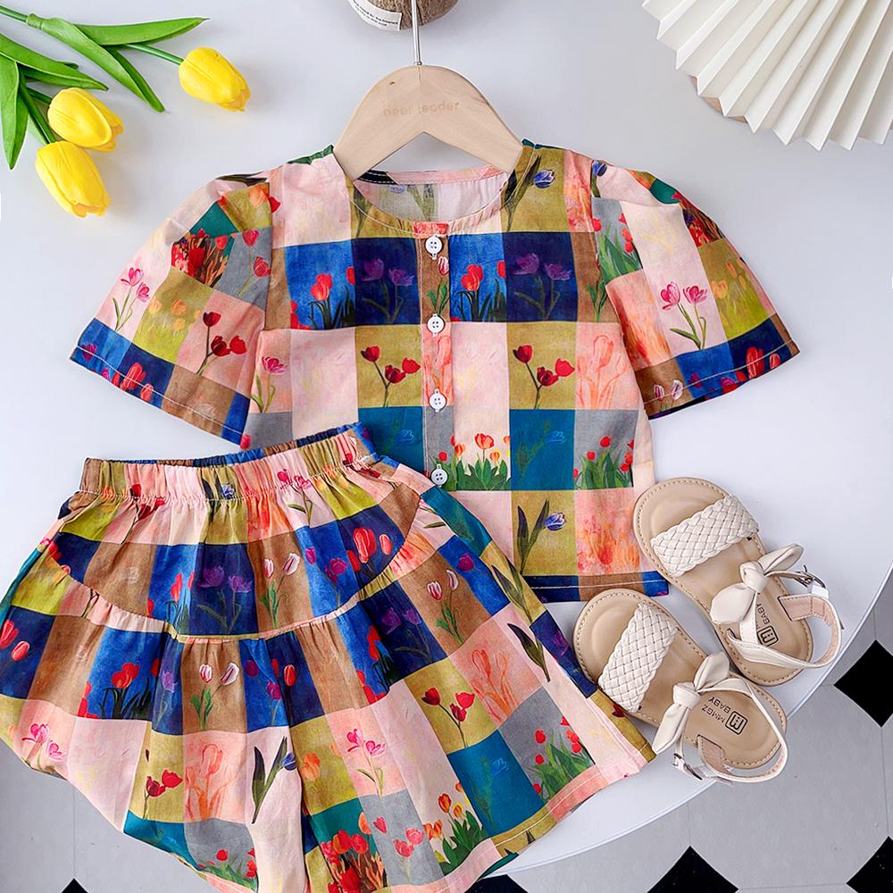 Girls Suit Summer  New Korean Version of The Short-sleeved Bubble Sleeve Shirt + Wide-legged Pants Girls Suit 3T