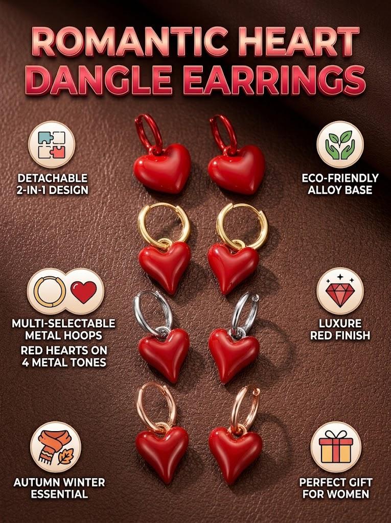 Romantic Heart Dangle Drop Earrings Vintage Aesthetic Detachable Earrings Luxury Chic Autumn Winter Jewelry Gift for Women