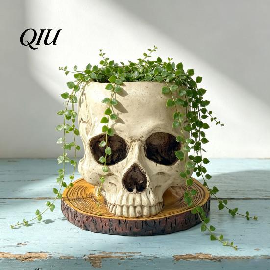 Realistic Human Skull Sculpture Halloween Retro Planter, Spooky Gothic Head Flower Pot, Themed Art Skeleton Candy Bowl Decoration for Tabletop