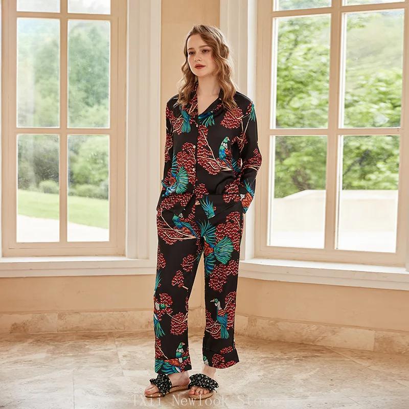 Comfortable Ice Silk Pajamas Women's Lapel Spring and Summer Long Sleeve Home Clothes