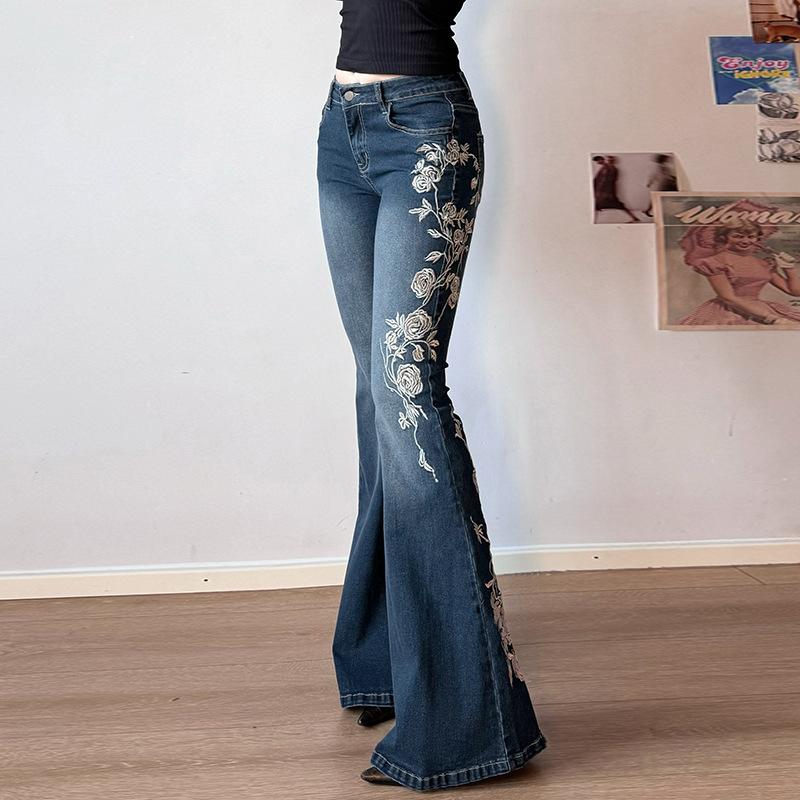 Plant Printed Embroidery Y2K Flare Jeans Women Vintage Skinny Boot Cut Trousers Fashion Street 2000s Denim Pants Fall